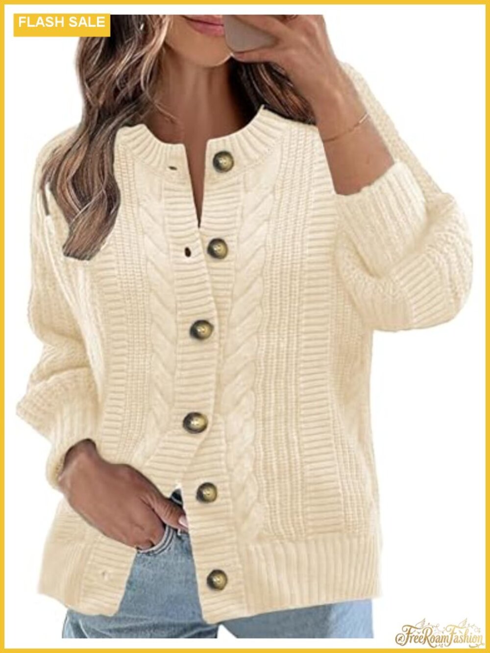 Cable Knit Open Front Cardigan Button Down Long Sleeve